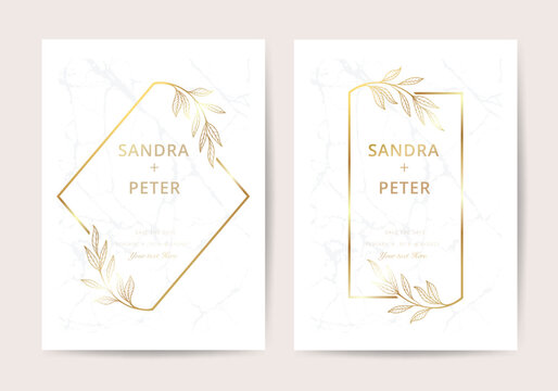 Luxury wedding invitation cards with gold marble and floral decoration texture geometric pattern vector design template