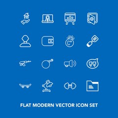 Modern, simple vector icon set on blue background with extreme, war, table, interior, falling, nuclear, file, property, technology, exercise, chat, message, paper, speech, infographic, call, gym icons