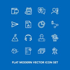 Modern, simple vector icon set on blue background with delivery, checklist, chat, package, bbq, sky, doorknob, construction, box, landscape, finance, cargo, barbecue, internet, web, bag, website icons