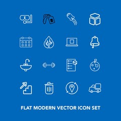 Modern, simple vector icon set on blue background with downstairs, up, checklist, bathroom, door, box, fitness, location, astronaut, vehicle, lorry, garbage, transportation, tap, equipment, sea icons