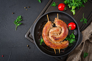 Homemade sausage barbecue. Picnic menu. Festive food.Top view. Flat lay.