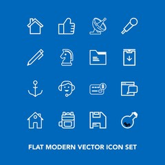 Modern, simple vector icon set on blue background with find, search, communication, center, rudder, nautical, wheel, property, estate, bag, balance, dish, money, antenna, medicine, tool, real icons