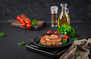 Homemade sausage barbecue. Picnic menu. Festive food