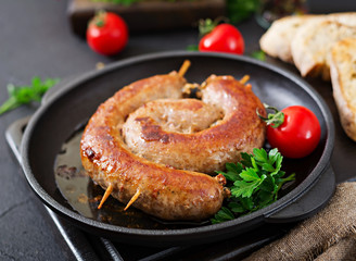 Homemade sausage barbecue. Picnic menu. Festive food