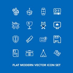 Modern, simple vector icon set on blue background with box, cross, hammer, video, shield, tent, weapon, emergency, pin, camp, aid, outdoor, id, clock, protect, location, military, adventure, kit icons