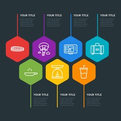 Flat geometric food, drinks, travel infographic steps template with 7 options for presentations, advertising, annual reports