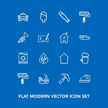 Modern, simple vector icon set on blue background with forest, ice, car, taxi, domestic, construction, dessert, transport, appliance, picking, brush, iron, alcohol, housework, house, environment icons
