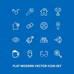 Modern, simple vector icon set on blue background with jazz, cafe, spanner, roof, search, fashion, cup, estate, house, repair, eye, coffee, trumpet, paintbrush, mug, plane, white, sunglasses icons
