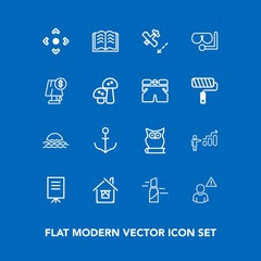 Modern, simple vector icon set on blue background with education, online, sunrise, web, landscape, bird, beauty, technology, paper, building, estate, presentation, rudder, makeup, growth, sun icons
