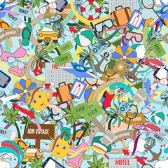 Cartoon cute doodles Vacation and travel seamless pattern. Colorful detailed, with lots of objects background. Endless vector illustration. Backdrop with  symbols  Resort and beach