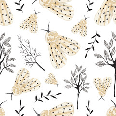 Seamless pattern with watercolor moths and leaves on white isolated background