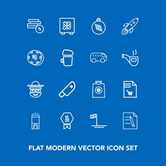 Modern, simple vector icon set on blue background with cash, safe, document, safety, business, room, paper, winner, market, blue, gift, happy, money, knife, retail, travel, ocean, meat, beach icons