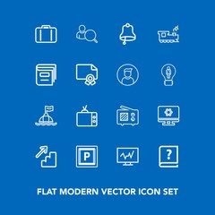 Modern, simple vector icon set on blue background with book, sea, life, pen, doctor, communication, street, bell, web, account, travel, television, up, technology, tv, antenna, medical, bag, car icons