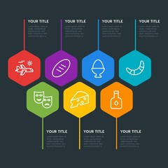 Flat geometric food, drinks, travel infographic steps template with 7 options for presentations, advertising, annual reports