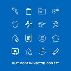 Modern, simple vector icon set on blue background with search, sink, home, people, kettle, file, present, safe, bag, water, folder, space, guitar, rocket, celebration, cloud, safety, saw, male icons