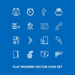 Modern, simple vector icon set on blue background with firearm, price, paper, clean, brush, animal, fire, craft, showing, bear, frame, gasoline, oil, bomb, book, explosion, danger, people, clock icons
