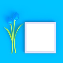 Flower with blank white picture frame abstract minimal blue background, Nature concept, 3d rendering