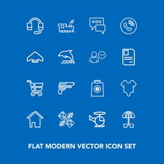 Modern, simple vector icon set on blue background with girl, air, sale, space, railway, parasol, transportation, cart, handgun, message, buy, home, model, transport, bubble, phone, cute, sun icons