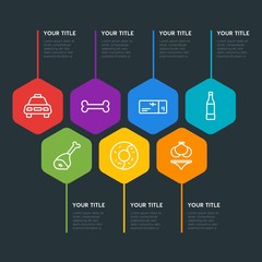 Flat geometric food, drinks, travel infographic steps template with 7 options for presentations, advertising, annual reports