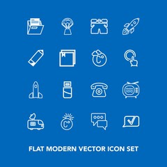 Modern, simple vector icon set on blue background with television, paper, shorts, usb, van, air, white, telephone, launch, hot, communication, scale, blank, chat, cable, folder, travel, office icons