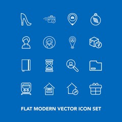 Modern, simple vector icon set on blue background with store, customer, clock, increase, late, transportation, sand, transport, business, home, real, present, cart, food, time, book, railway icons
