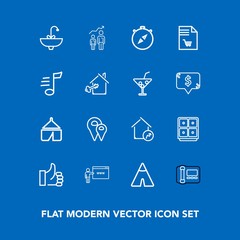 Modern, simple vector icon set on blue background with market, pin, north, real, progress, property, growth, success, increase, hand, map, office, water, faucet, road, home, good, outdoor, east icons