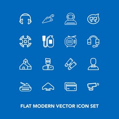 Modern, simple vector icon set on blue background with speech, science, user, army, military, account, watch, weapon, sky, male, extreme, tank, plastic, gun, astronaut, parachuting, search, card icons