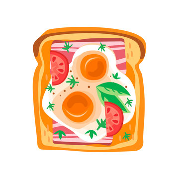 Toasted bread slice with fried eggs, fresh tomatoes, bacon and leaves of basil. Delicious snack for breakfast. Flat vector design
