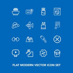 Modern, simple vector icon set on blue background with money, bank, dish, food, clean, discount, workout, road, hot, credit, sport, computer, container, map, fitness, usb, video, spaceship, sign icons