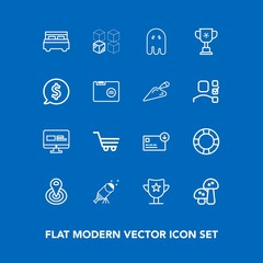 Modern, simple vector icon set on blue background with web, radius, award, location, sky, astronomy, bag, replacement, win, reward, shop, inflatable, cardboard, night, retail, trolley, water icons