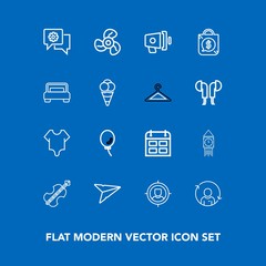 Modern, simple vector icon set on blue background with quality, speaker, chat, mobile, refresh, tower, sound, electric, ventilator, violoncello, target, person, send, day, balloon, cute, loud icons