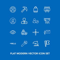 Modern, simple vector icon set on blue background with sport, national, construction, spanner, internet, web, equipment, tool, ocean, picking, crane, ball, luggage, animal, hobby, money, nation icons