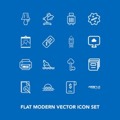 Modern, simple vector icon set on blue background with baggage, switch, home, old, table, nature, landscape, strike, key, sunrise, education, drink, sun, hobby, vintage, photo, library, sign icons
