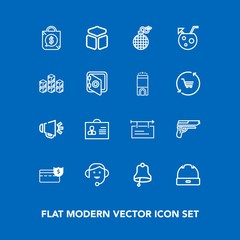 Modern, simple vector icon set on blue background with alarm, firearm, voice, handgun, sound, bomb, bell, bank, head, fashion, headset, tag, gun, woman, blank, center, bag, banner, speaker, sign icons