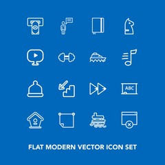 Fototapeta na wymiar Modern, simple vector icon set on blue background with machine, chat, player, home, vessel, button, cap, message, cash, house, sea, birdhouse, bird, rewind, notebook, atm, music, head, sign, hat icons