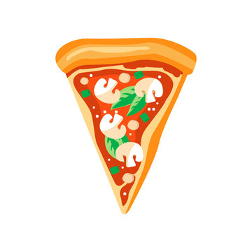 Triangle slice of pizza with mushrooms, basil leaves and ketchup. Fast food. Flat vector element for pizzeria menu or mobile app