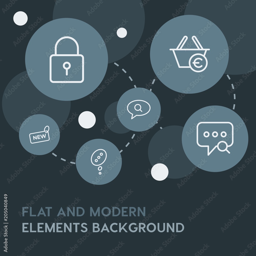 Poster chat and messenger, shopping outline vector icons and elements background with circle bubbles networ