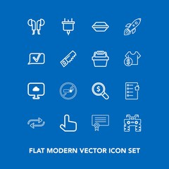 Modern, simple vector icon set on blue background with headset, find, no, electricity, tobacco, addiction, power, food, certificate, document, dirt, replace, concept, web, estate, template, real icons