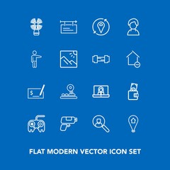 Modern, simple vector icon set on blue background with beacon, sea, pin, landscape, communication, travel, sign, button, call, human, female, pen, pistol, profile, billboard, business, game, web icons