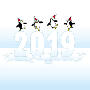 Four Santa Penguins Celebrating on Year 2019