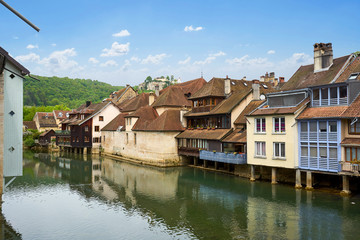 Fototapeta na wymiar Ornans Cityscape Aside Loue River - Franche Comté - France