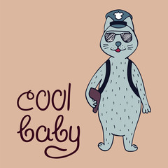 Funny hand-drawn cat police officer with lettering.