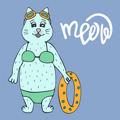 Cute cat in a bathing suit with a rubber ring with lettering.