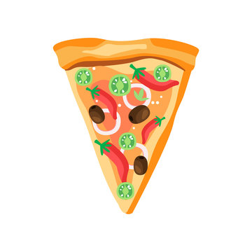 Triangle pizza slice with red pepper, olives, onion and green tomatoes. Appetizing fast food. Flat vector element for menu, promo poster or flyer