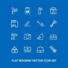 Modern, simple vector icon set on blue background with nation, drill, work, bank, nature, container, danger, explosion, camera, hand, hat, aluminum, bomb, fashion, sign, home, money, america icons