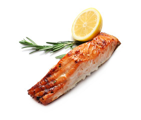 Tasty cooked salmon with lemon and rosemary on white background