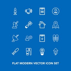 Modern, simple vector icon set on blue background with download, home, house, voice, wooden, electric, weapon, sign, , rocket, delivery, care, package, craft, technology, satellite, antenna, war icons