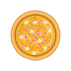 Freshly baked pizza with ham, mushrooms and cheese, top view vector Illustration on a white background