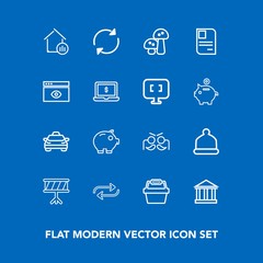 Modern, simple vector icon set on blue background with party, sky, head, drum, vehicle, hat, change, taxi, business, arrow, concept, store, celebration, real, refresh, estate, greek, replace icons