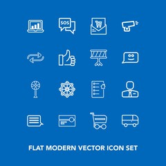 Modern, simple vector icon set on blue background with electric, tape, safety, helm, message, transportation, music, buy, cassette, cooler, speed, contract, chart, graphic, air, shop, market icons